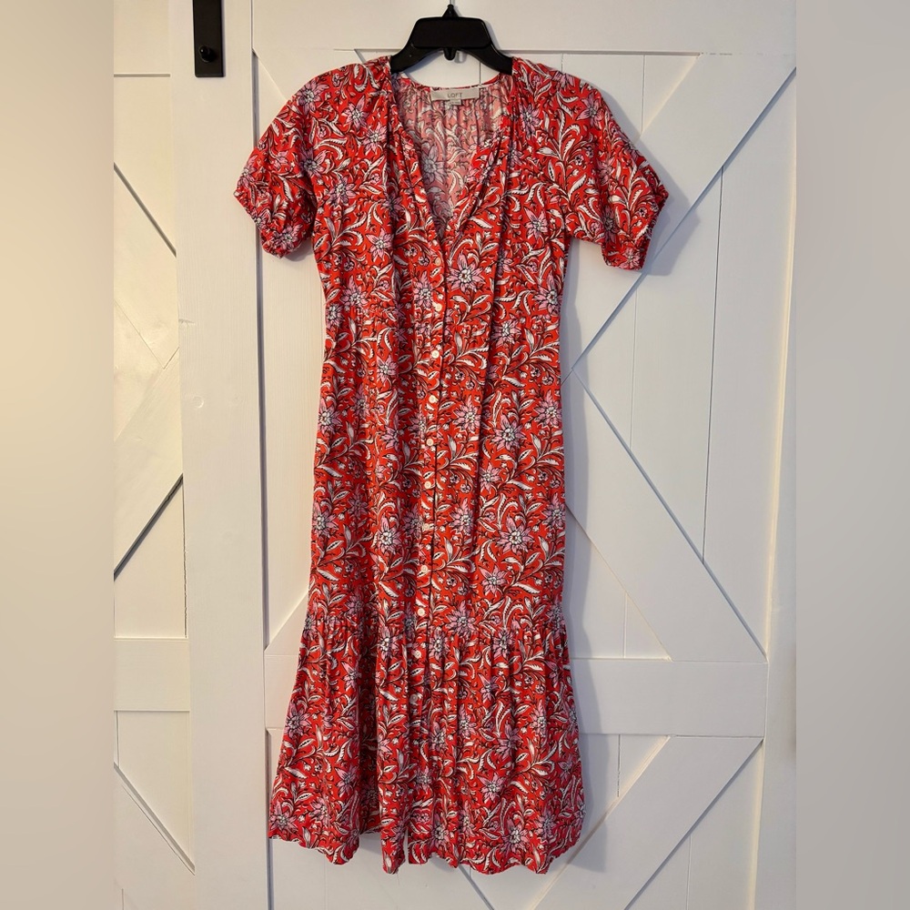 Loft red floral midi dress. Size XS.